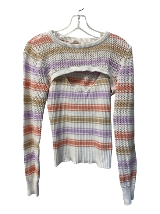 Anthropologie Size S White, Purple & Tan Cotton V Neck Knit Stretch Sweater Set White, Purple & Tan / S