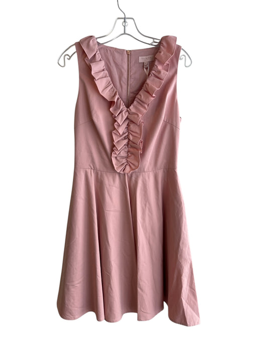 Ted Baker Size 2 Pink Cotton Blend V Neck Sleeveless Ruffle Detail Dress Pink / 2