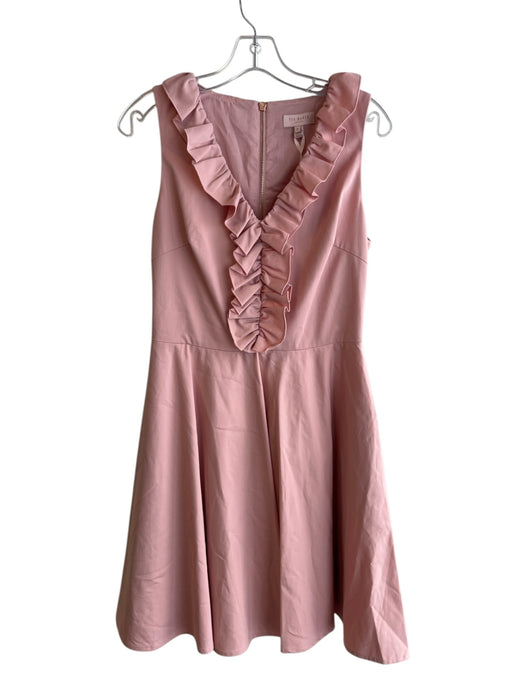 Ted Baker Size 2 Pink Cotton Blend V Neck Sleeveless Ruffle Detail Dress Pink / 2