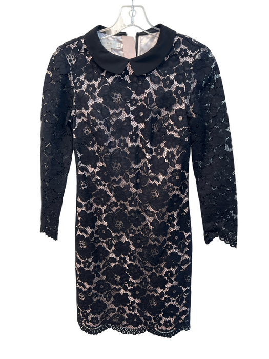 Ted Baker Size 0 Black Cotton Blend Lace Overlay Long Sleeve Collared Dress Black / 0