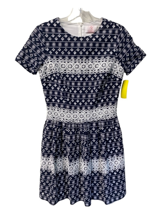 Monique Lhuillier Size 0P Navy & white Cotton Round Neck Short Sleeve Dress Navy & white / 0P