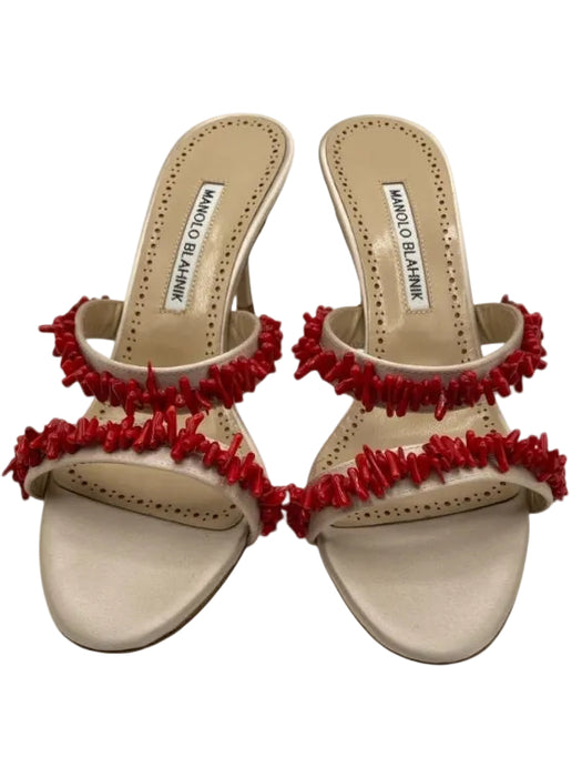Manolo Blahnik Shoe Size 37.5 White & Red Satin Coral Beads Two Straps Sandals White & Red / 37.5