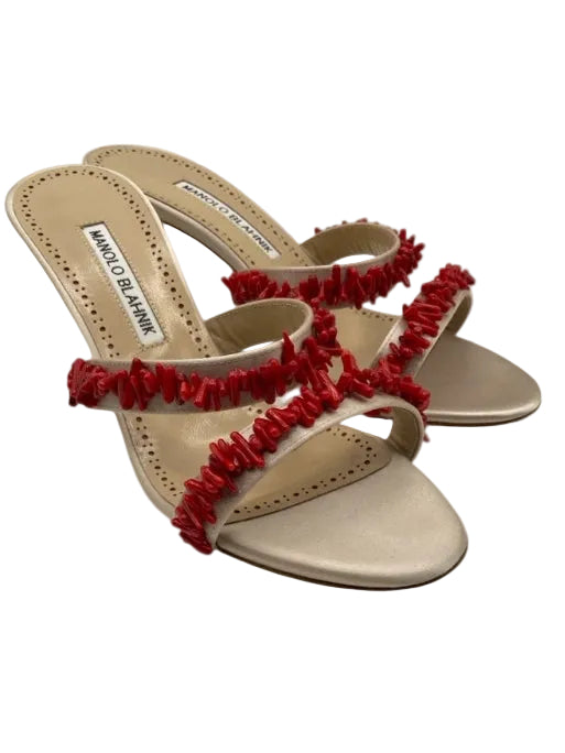 Manolo Blahnik Shoe Size 37.5 White & Red Satin Coral Beads Two Straps Sandals White & Red / 37.5