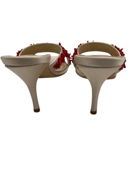 Manolo Blahnik Shoe Size 37.5 White & Red Satin Coral Beads Two Straps Sandals White & Red / 37.5