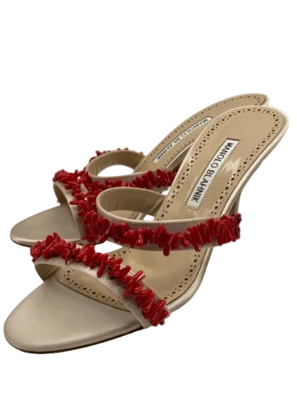 Manolo Blahnik Shoe Size 37.5 White & Red Satin Coral Beads Two Straps Sandals White & Red / 37.5