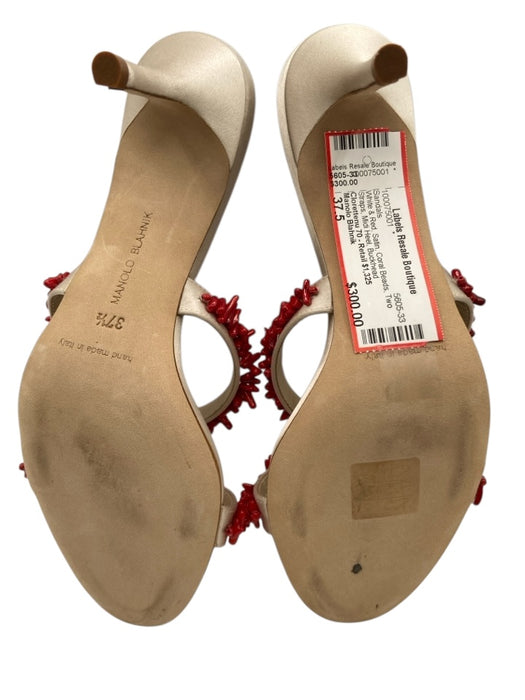 Manolo Blahnik Shoe Size 37.5 White & Red Satin Coral Beads Two Straps Sandals White & Red / 37.5