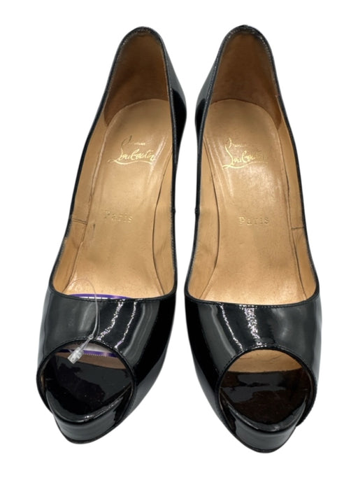 Christian Louboutin Shoe Size 37.5 Black Leather Upper Patent Peep Toe Pumps Black / 37.5