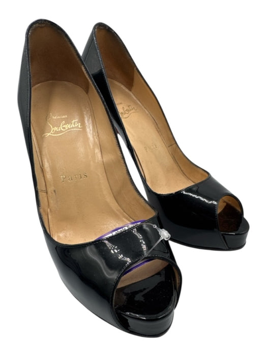 Christian Louboutin Shoe Size 37.5 Black Leather Upper Patent Peep Toe Pumps Black / 37.5