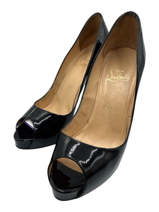Christian Louboutin Shoe Size 37.5 Black Leather Upper Patent Peep Toe Pumps Black / 37.5