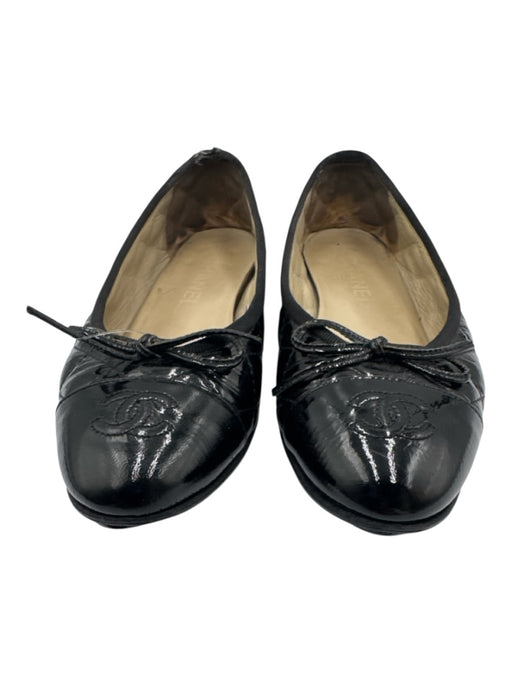 Chanel Shoe Size 37 Black Leather Upper Patent Quilted Bow Detail Flats Black / 37