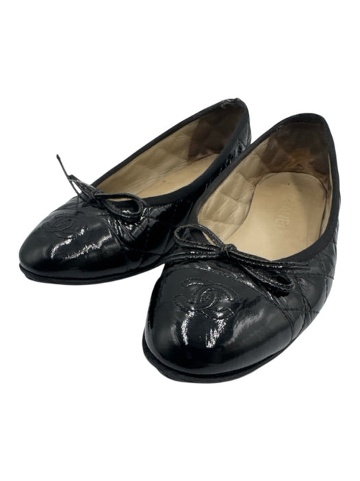 Chanel Shoe Size 37 Black Leather Upper Patent Quilted Bow Detail Flats Black / 37