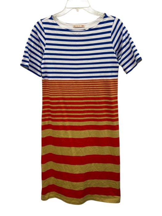 Marni Size XS White, Blue, Red & Gold Cotton Striped Short Sleeve Dress White, Blue, Red & Gold / XS