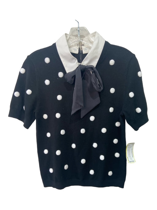Alice + Olivia Size L Black & White Wool Blend Collar Polka Dot Short Sleeve Top Black & White / L