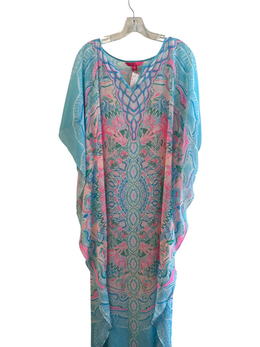 Lily Pulitzer Size S/0 Blue & Pink Polyester V Neck Batwing Cape Sleeves Dress Blue & Pink / S/0
