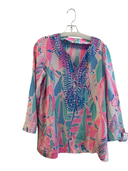 Lily Pulitzer Size M Pink Blue & Multi Silk Long Sleeve Abstract Print Top Pink Blue & Multi / M