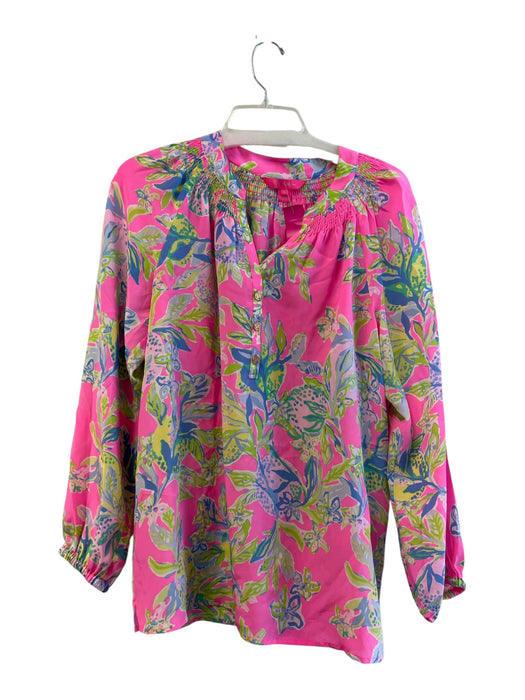 Lily Pulitzer Size M Pink & Multi Silk Long Sleeve Floral V Neck 3/4 Button Top Pink & Multi / M