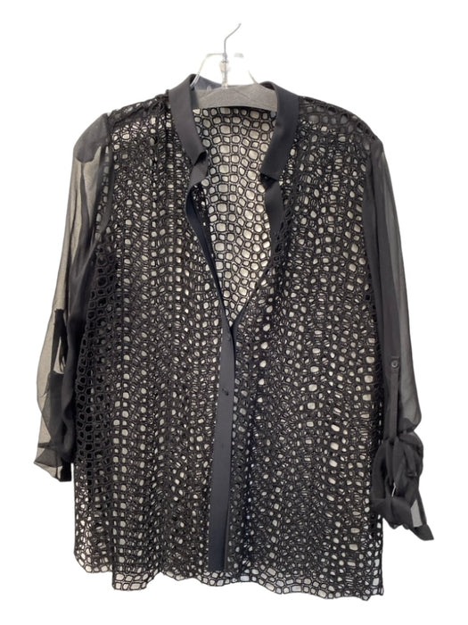 Elie Tahari Size Est M Black Sheer Button Up Perforated Long Sleeve Top Black / Est M