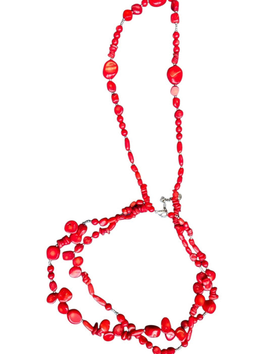 Red Coral Multi Strand Sterling Detail Necklace Red