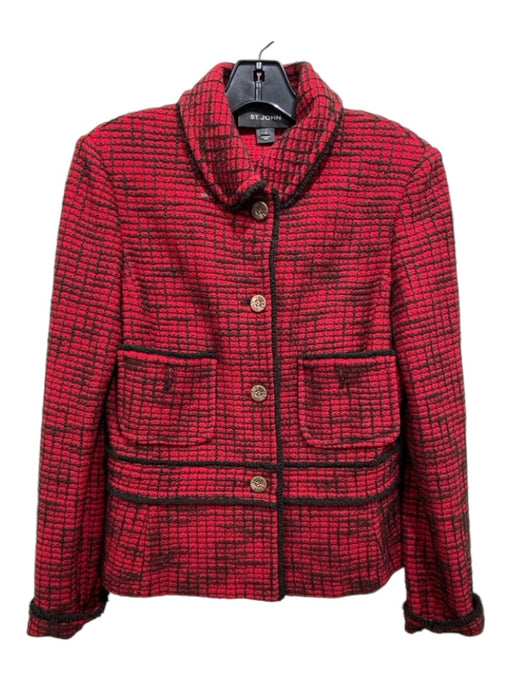 St John Size 2 Red & Black Wool Grid Print Textured Blazer Red & Black / 2