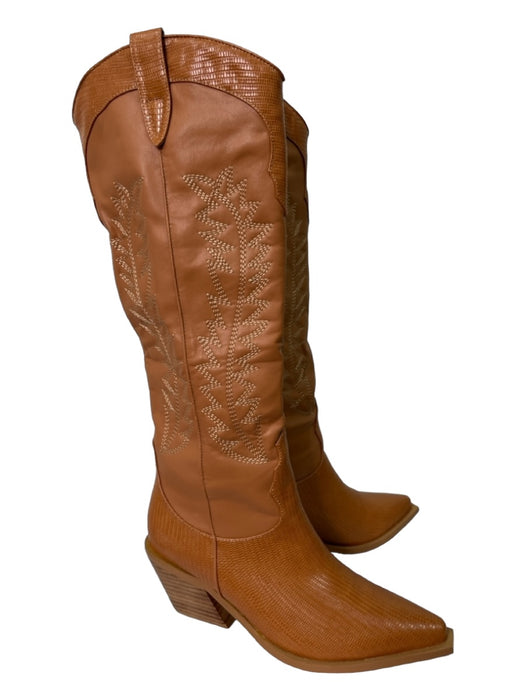 Billini Size 9 Brown Faux Leather Cowboy Stitched Knee High Dress Set Brown / 9