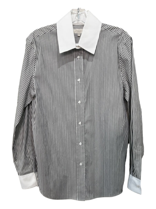 Lafayette Size L Black & White Cotton Vertical Stripes Button Down Collar Top Black & White / L