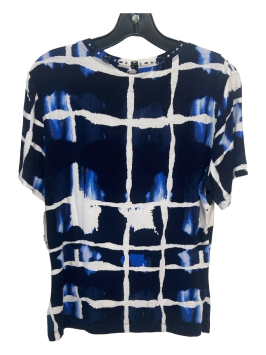St. John Size L Navy Blue & White Rayon Short Sleeve Abstract Beaded Design Top Navy Blue & White / L