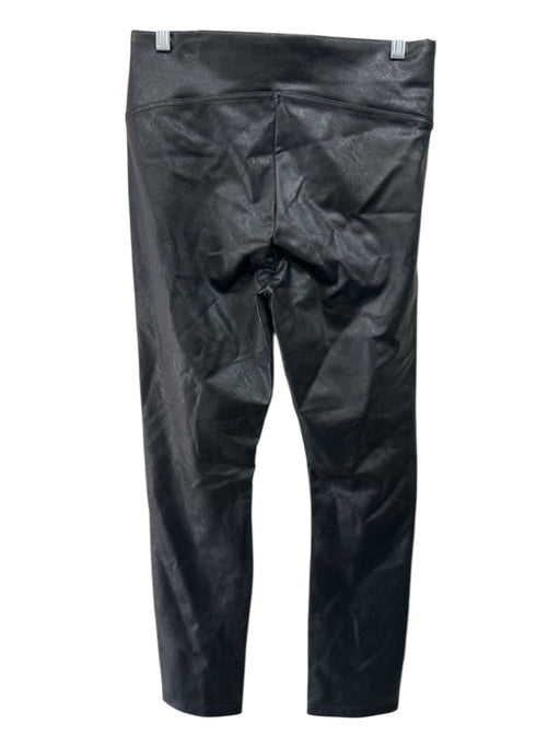 Spanx Size Large Black Faux Leather Wide Waist Band High Rise Slit hem Leggings Black / Large