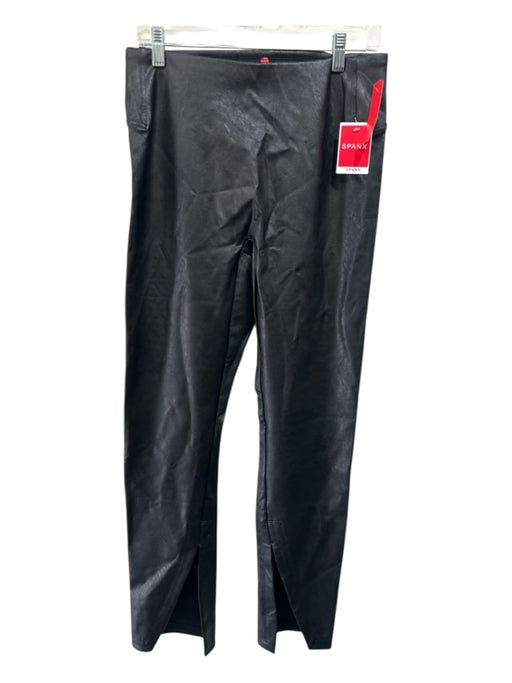 Spanx Size Large Black Faux Leather Wide Waist Band High Rise Slit hem Leggings Black / Large