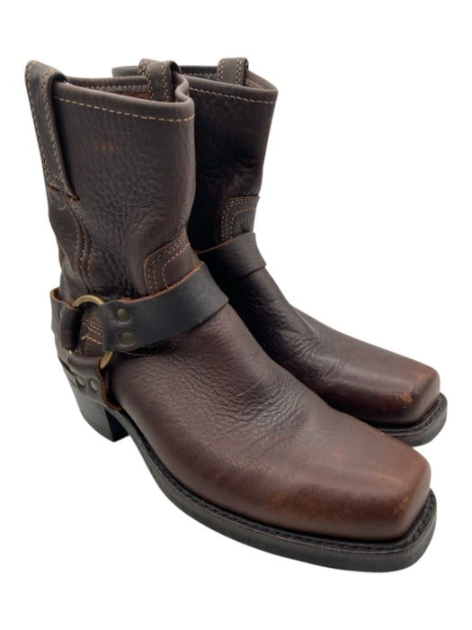 Frye Shoe Size 9 Brown Leather Square Toe Stacked Heel Brass Buckles Biker Boots Brown / 9
