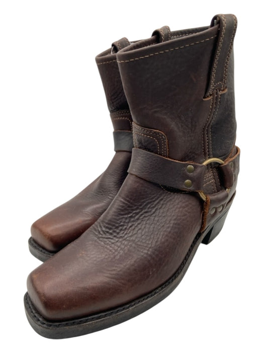 Frye Shoe Size 9 Brown Leather Square Toe Stacked Heel Brass Buckles Biker Boots Brown / 9