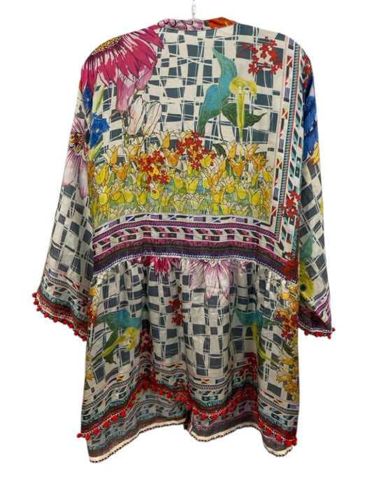 Johnny Was Size 2X White & Multi Silk Geometric Floral Print Button Up Top White & Multi / 2X