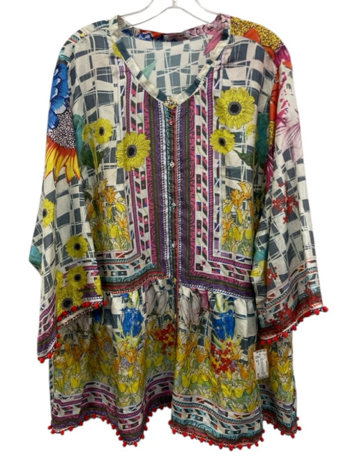 Johnny Was Size 2X White & Multi Silk Geometric Floral Print Button Up Top White & Multi / 2X