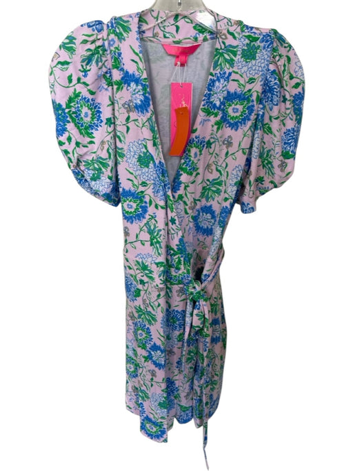 Lilly Pulitzer Size M Pink & Green Rayon Short Sleeve Botanical Front Tie Romper Pink & Green / M
