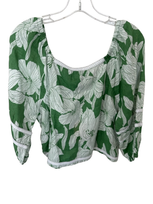 Tahari Size M Green & White Linen Long Balloon Sleeve Flowers Top Green & White / M