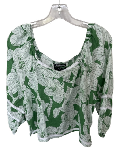 Tahari Size M Green & White Linen Long Balloon Sleeve Flowers Top Green & White / M