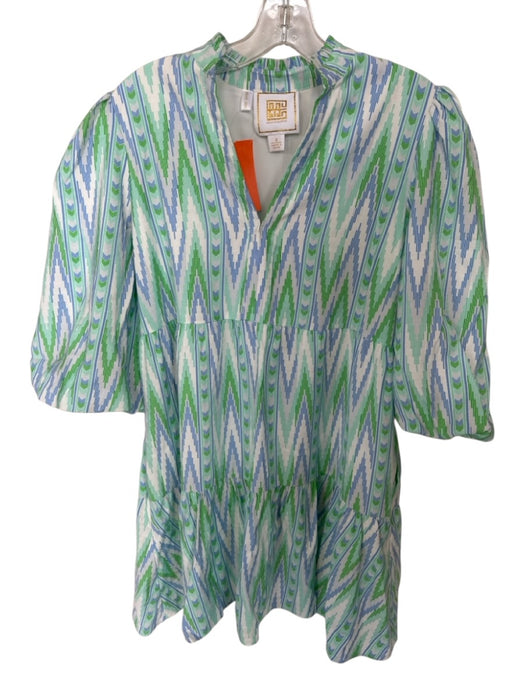 Emily McCarthy Size S Aqua & Blue Rayon Blend Chevron Long Balloon Sleeve Dress Aqua & Blue / S