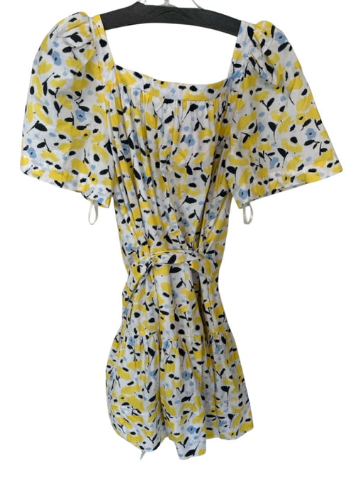 Tanya Taylor Size XS Yellow & Blue Cotton Short Sleeve Flowers Belted Dress Yellow & Blue / XS