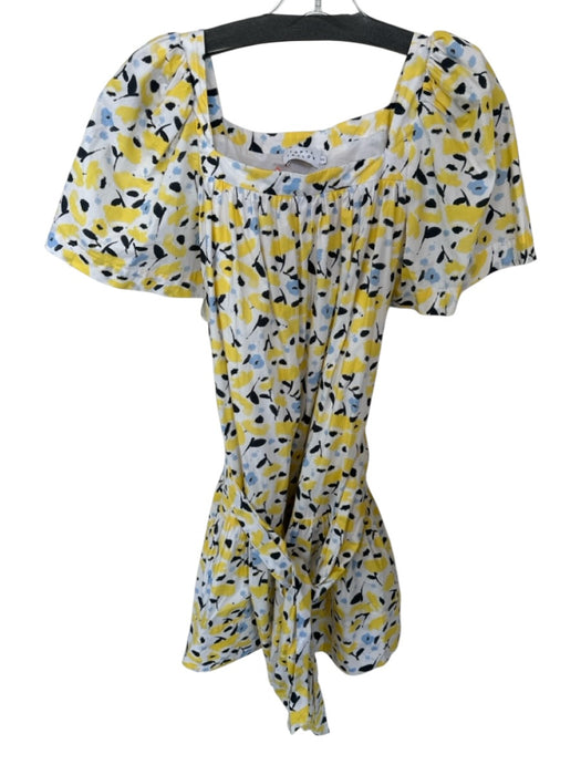 Tanya Taylor Size XS Yellow & Blue Cotton Short Sleeve Flowers Belted Dress Yellow & Blue / XS