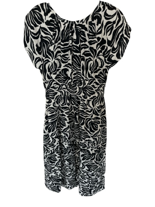 Nicole Miller Size S Black & Cream Linen Cap Sleeve Flowers Elastic Waist Dress Black & Cream / S