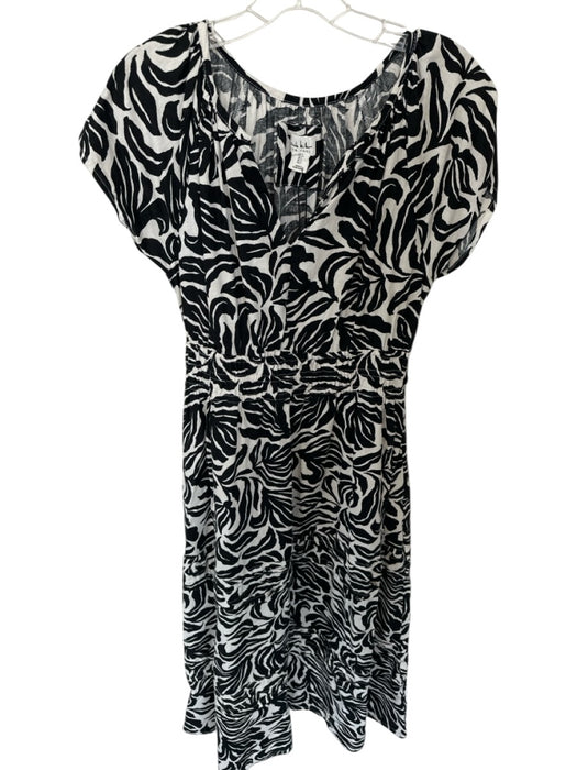 Nicole Miller Size S Black & Cream Linen Cap Sleeve Flowers Elastic Waist Dress Black & Cream / S