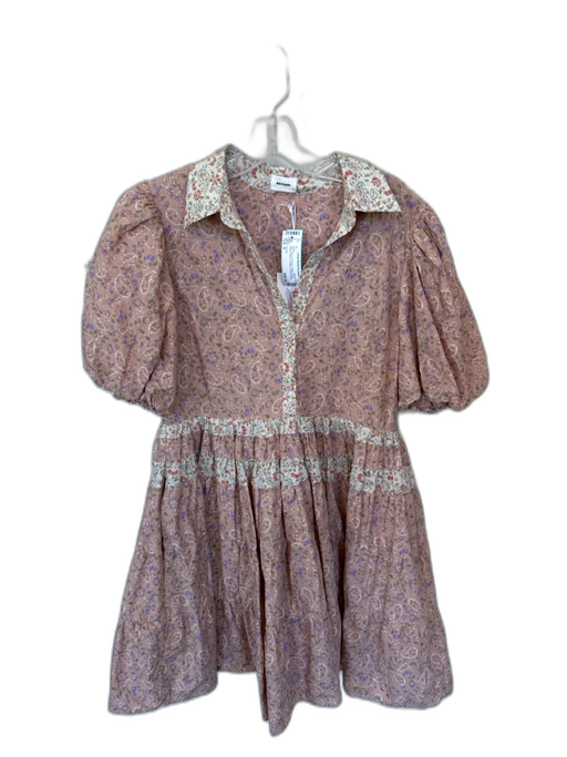 Aureum Size S Mauve & Green Cotton Short Balloon Sleeve Paisley Flowers Dress Mauve & Green / S