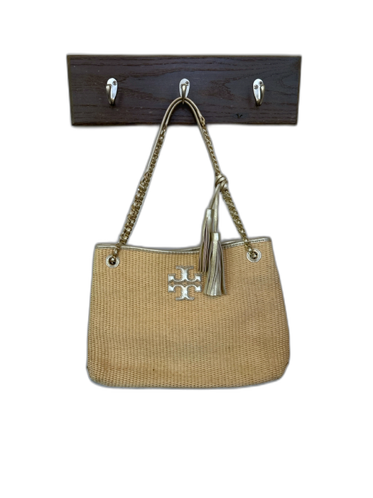Tory Burch Tan & Gold Raffia Leather Chain Strap Metallic Tassels Bag Tan & Gold / M