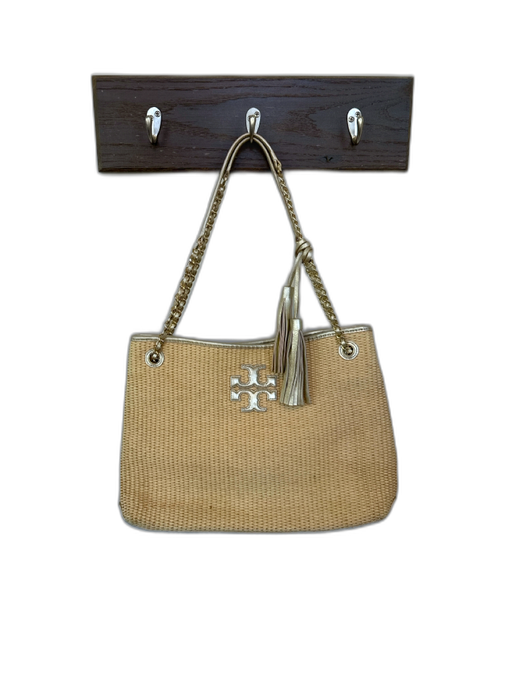 Tory Burch Tan & Gold Raffia Leather Chain Strap Metallic Tassels Bag Tan & Gold / M