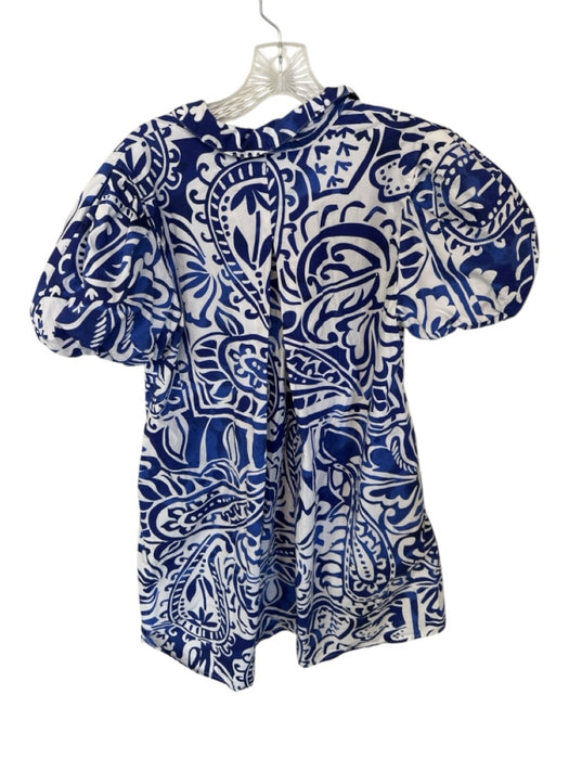 MSK Size Small Blue & White Cotton Abstract Quarter Button Balloon Sleeve Dress Blue & White / Small