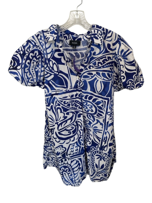MSK Size Small Blue & White Cotton Abstract Quarter Button Balloon Sleeve Dress Blue & White / Small