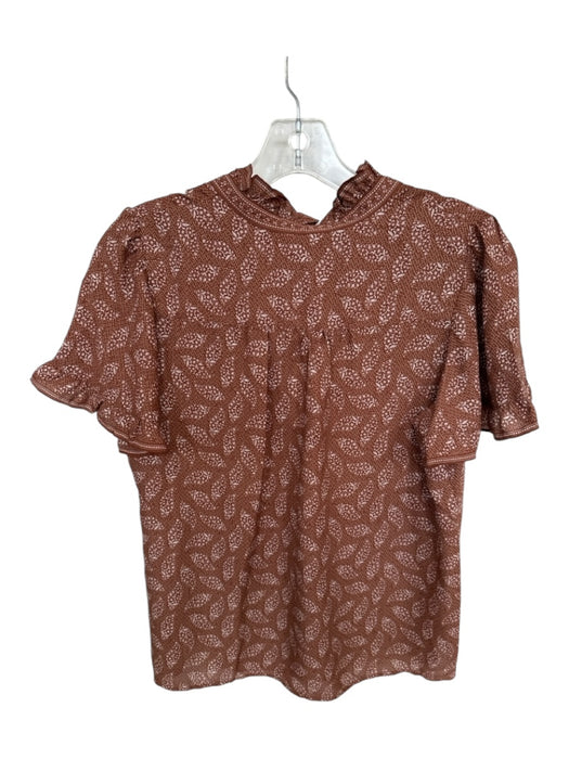 Max Studio Size S Brown & White Polyester Short Sleeve Flowers Top Brown & White / S