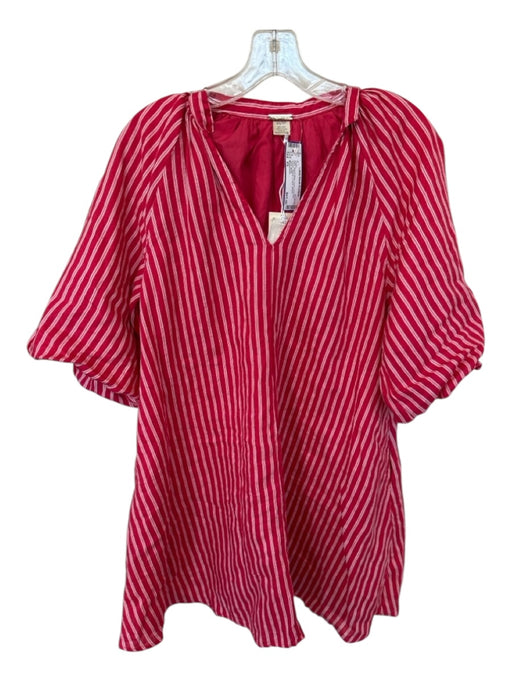 Magaschoni Size XS Red & White Linen Long Bell Sleeve Striped V Neck Dress Red & White / XS
