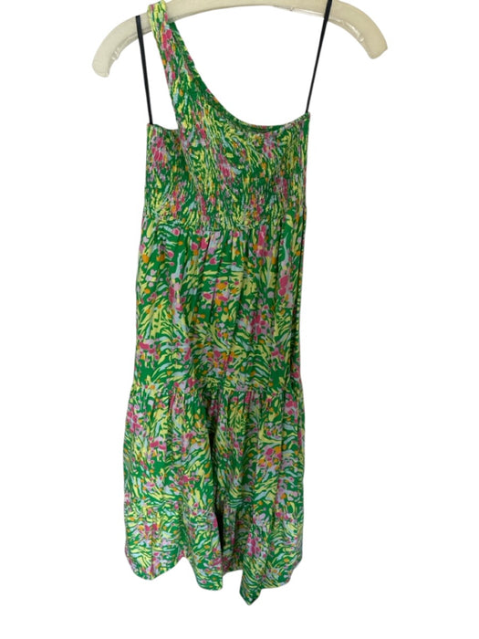 SWF Size Est S Green & Pink Cotton One Shoulder smocked Flowers Maxi Dress Green & Pink / Est S