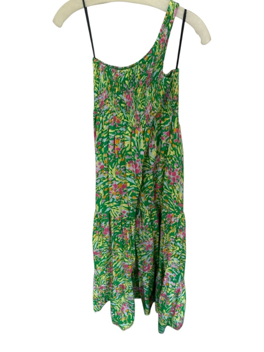 SWF Size Est S Green & Pink Cotton One Shoulder smocked Flowers Maxi Dress Green & Pink / Est S