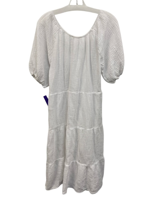 Nation Size XS White Cotton Textured Short Puff Sleeve Tiered Midi Dress White / XS